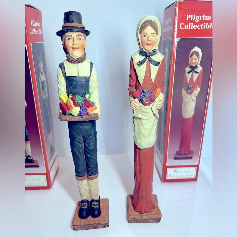 Vintage Thanksgiving Decor Featuring a Set of Pilgrim Figurines Carrying Fruit.